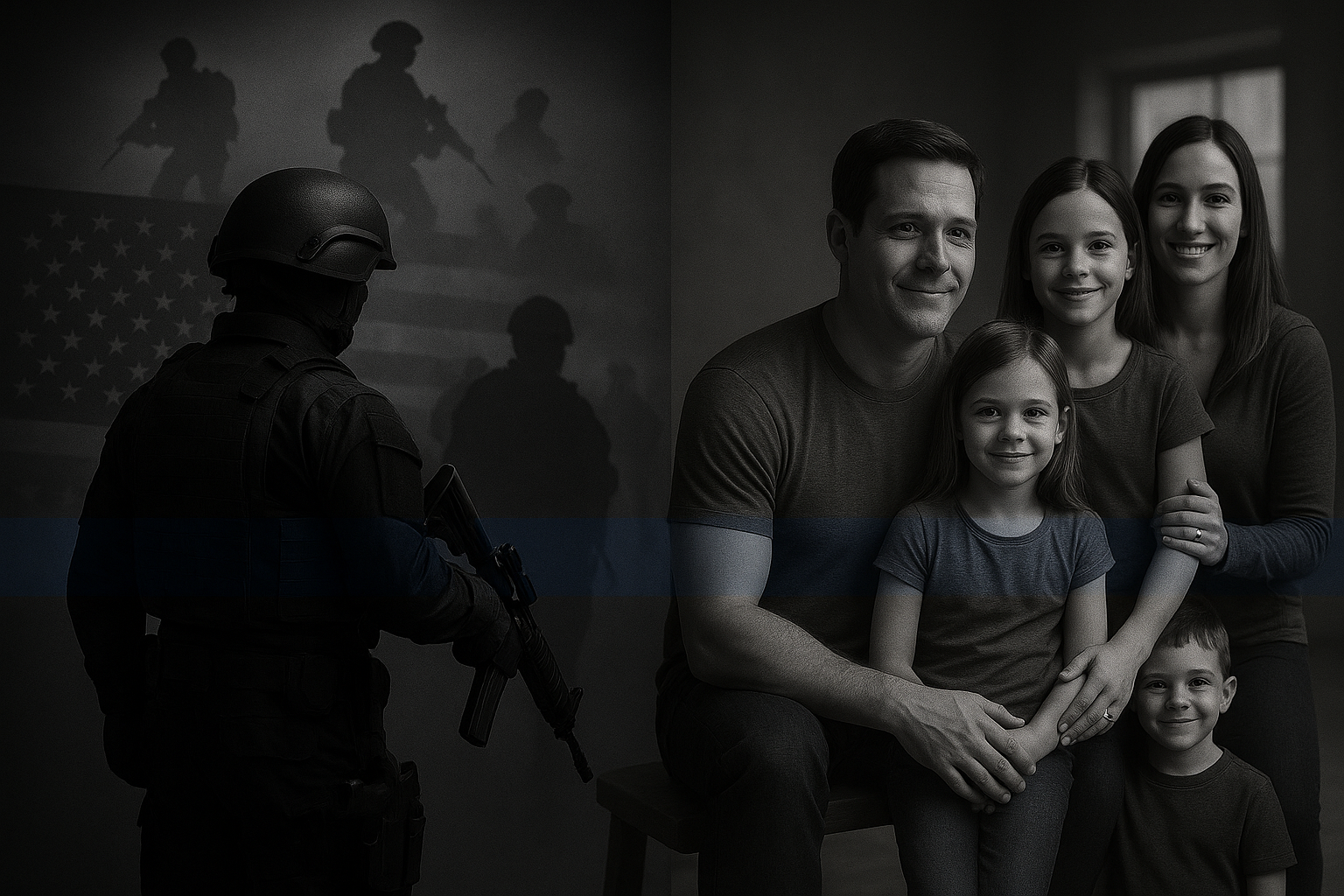 A tactical police officer on one side and his supportive family on the other, joined by a thin blue line representing families who hold the line.