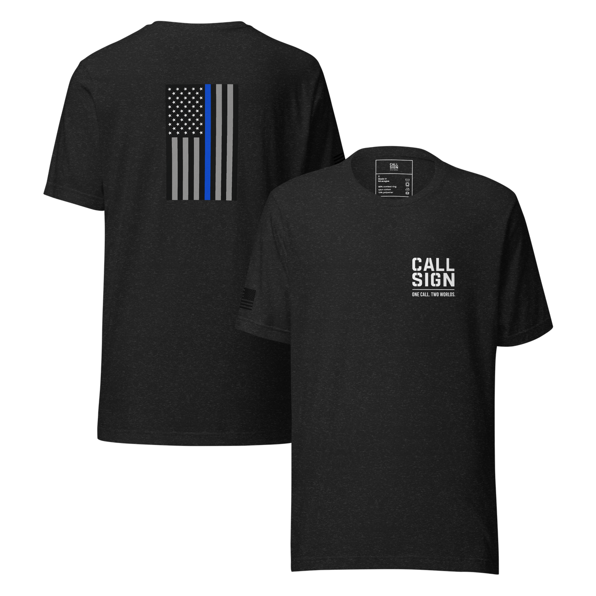 Thin Blue Line Flag tee in Black Heather, front and back – Call Sign Gear