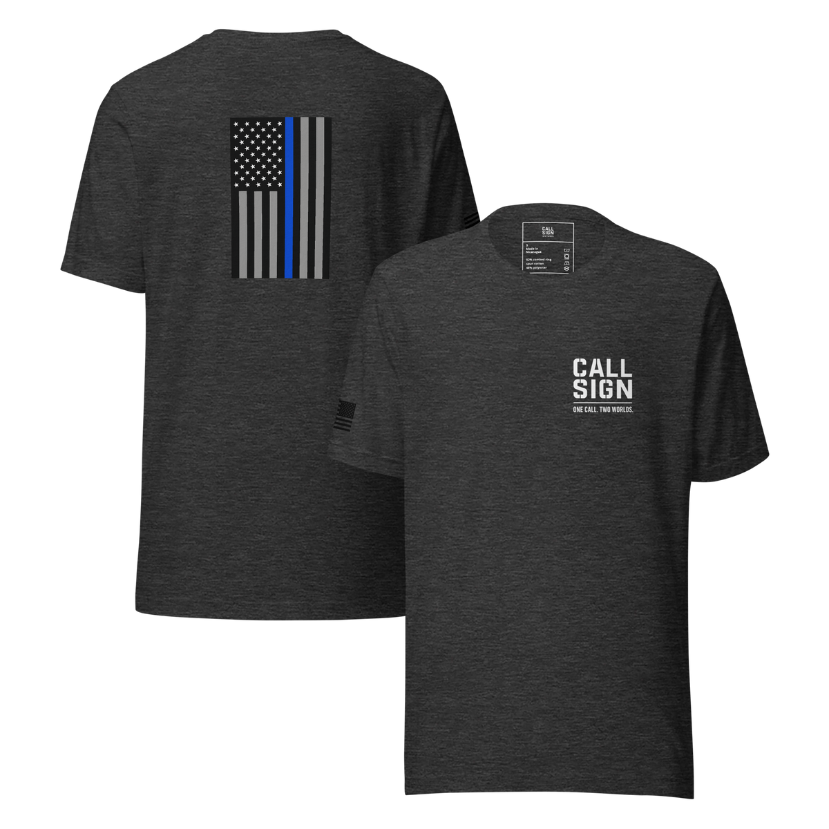 Thin Blue Line Flag tee in Dark Grey Heather, front and back – Call Sign Gear