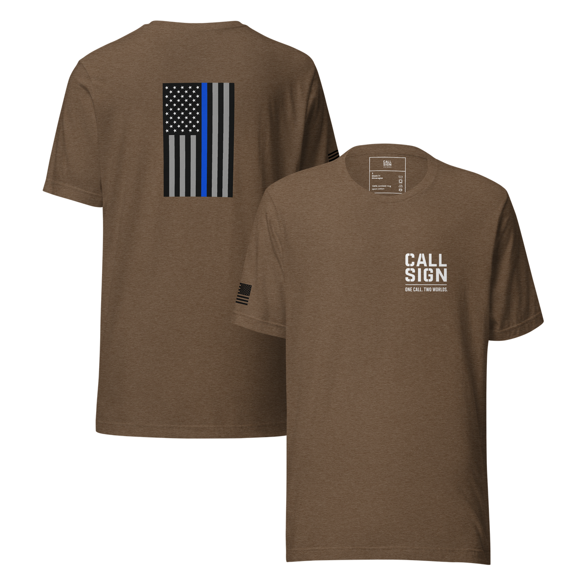 Thin Blue Line Flag tee in Heather Brown, front and back – Call Sign Gear