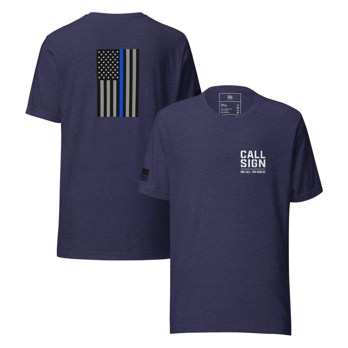 Thin Blue Line Flag tee in Heather Midnight Navy, front and back – Call Sign Gear