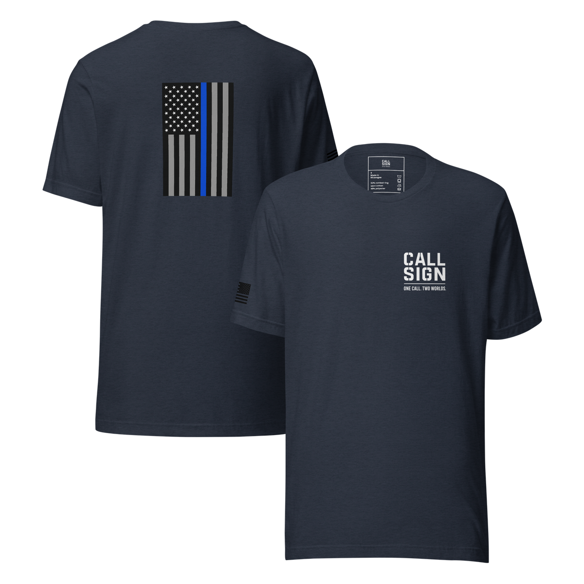 Thin Blue Line Flag tee in Heather Navy, front and back – Call Sign Gear